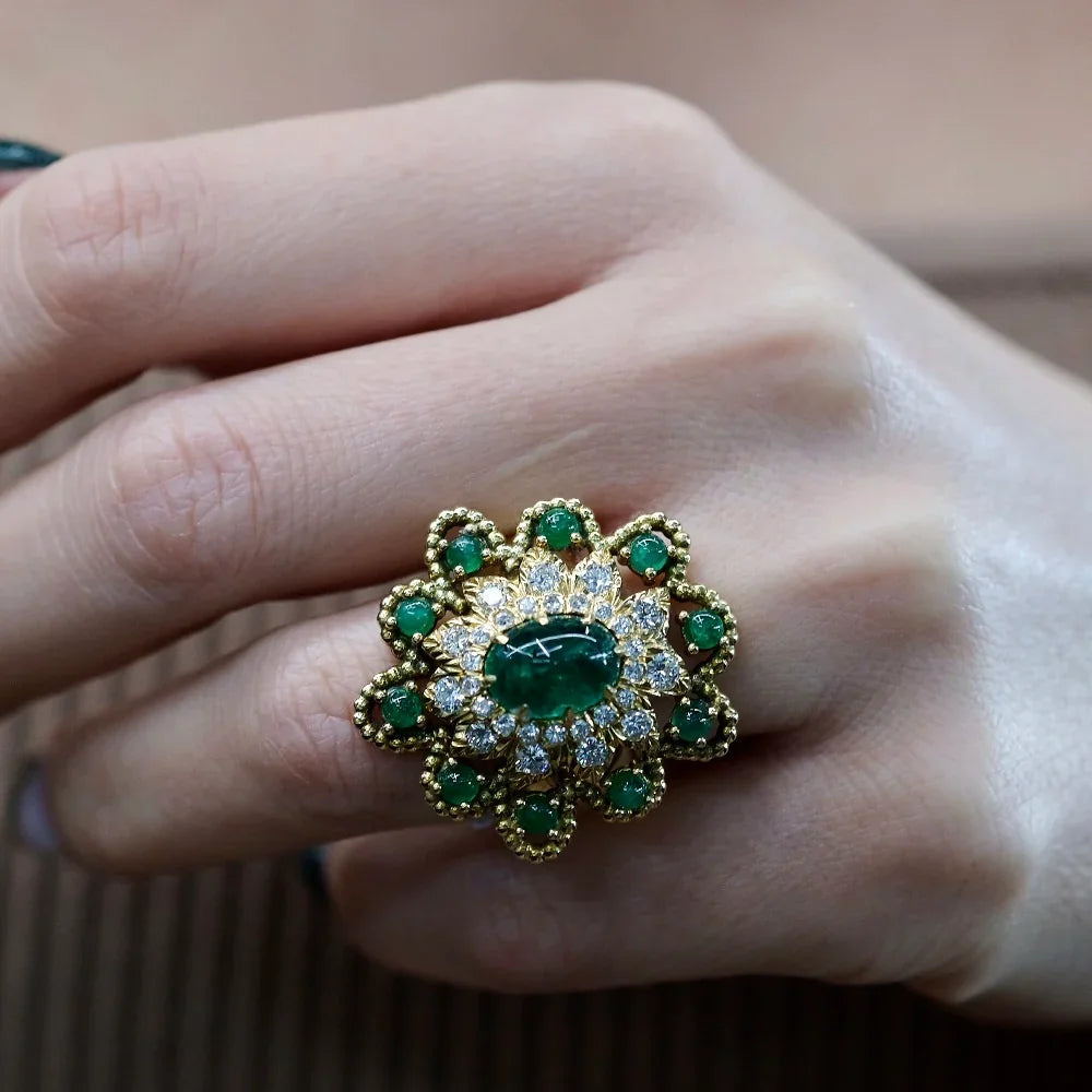David Webb 18K Yellow Gold Green Emerald Diamond Flower Ring — view 6 — Laura Milman New York