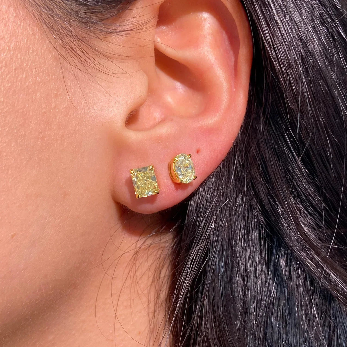 2.85ctw Fancy Yellow Elongated Radiant Diamond Stud Earrings VS GIA — view 3 — Laura Milman New York