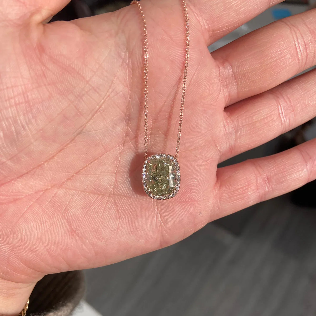 5.83ct Fancy Grayish Yellowish Green Cushion Diamond Pendant GIA — view 4 — Laura Milman New York