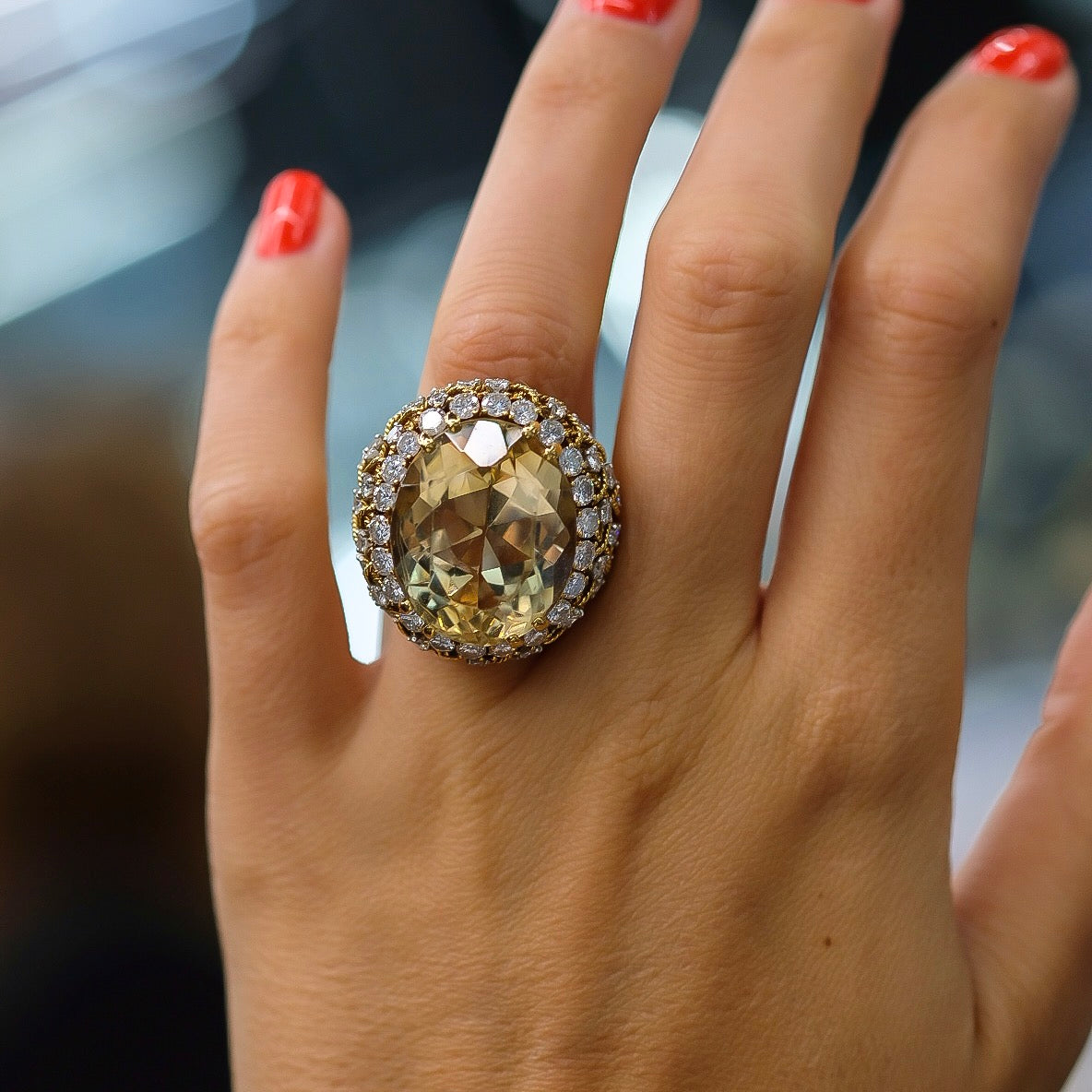 David Webb Platinum & 18K Yellow Gold 5.50 Carat Diamond, Oval Citrine Ring — view 4 — Laura Milman New York
