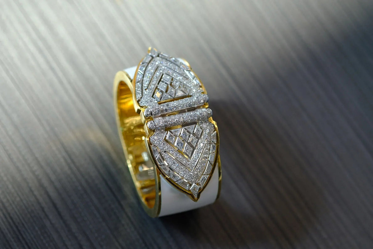David Webb Platinum & 18K Yellow Gold White Enamel Shield Diamond Clips Cuff Bracelet — view 9 — Laura Milman New York