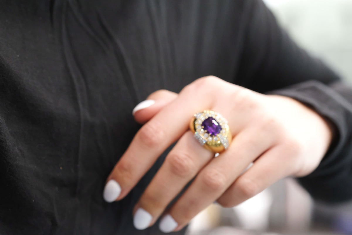 David Webb 18K Yellow Gold Oval Amethyst And Diamond Hammered Finish Ring — view 6 — Laura Milman New York