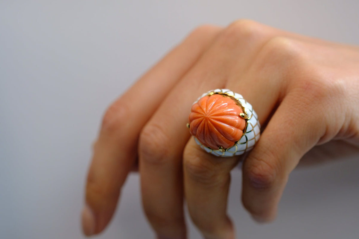 David Webb Bombe Platinum & 18K Yellow Gold Carved Coral White Enamel Ring — view 6 — Laura Milman New York