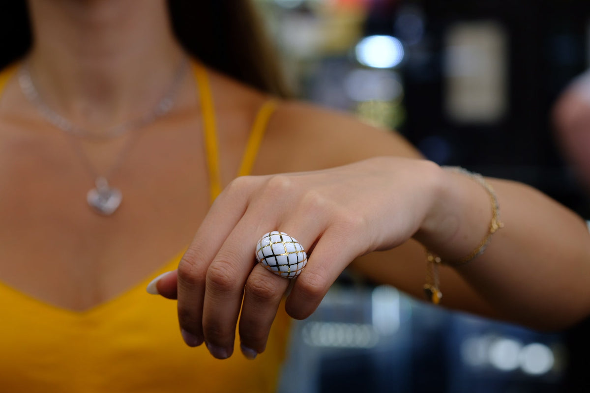 David Webb Platinum & 18K Yellow Gold White Enamel Checkerboard Pattern Bombe Ring — view 7 — Laura Milman New York