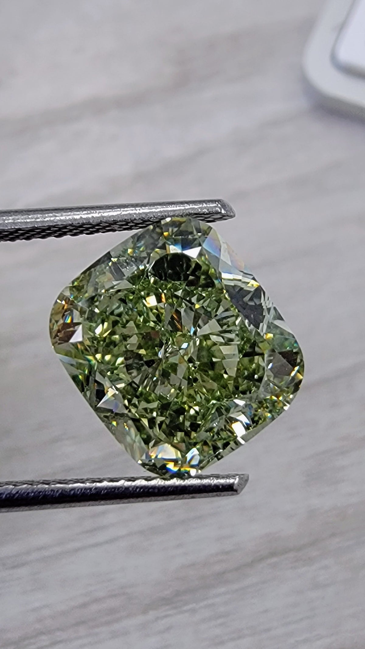 6.08ct Fancy Yellow-Green Cushion Diamond Ring SI1 GIA — view 5 — Laura Milman New York