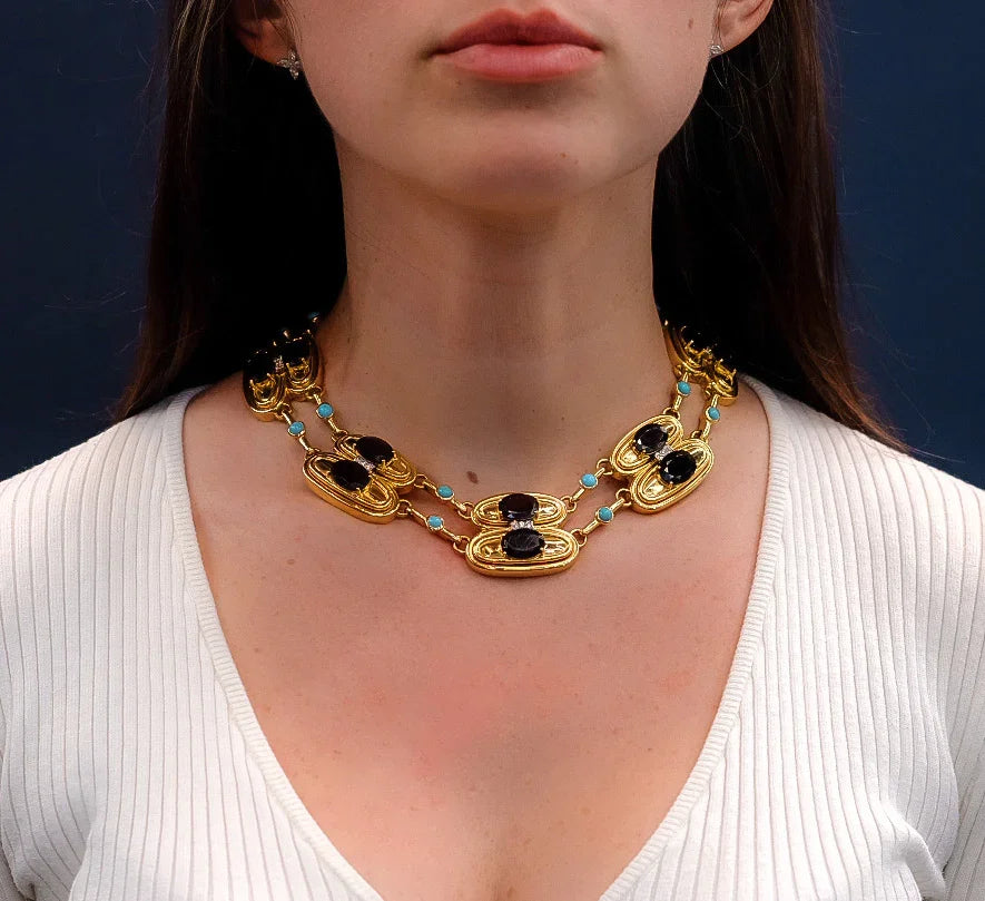 David Webb Platinum & 18K Yellow Gold Garnet, Turquoise & Diamond Necklace — view 6 — Laura Milman New York