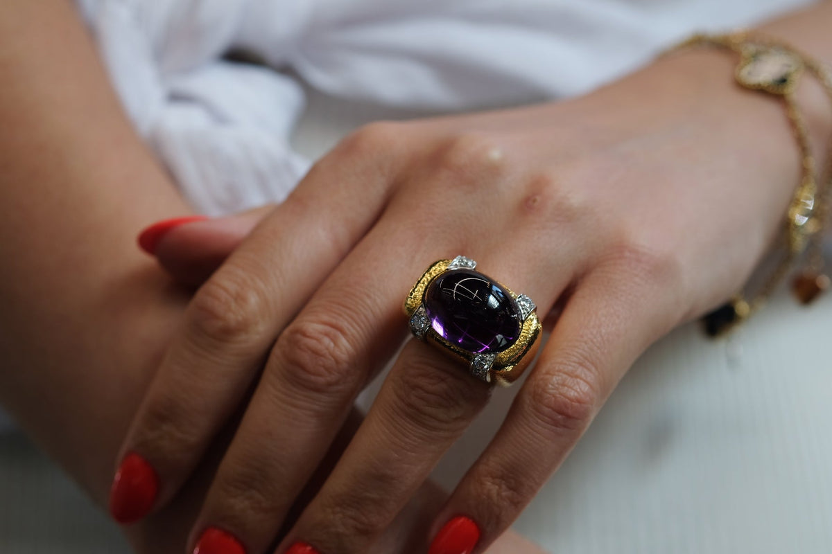 David Webb Platinum & 18K Yellow Gold Cabochon Amethyst And Diamond Cocktail Ring — view 7 — Laura Milman New York