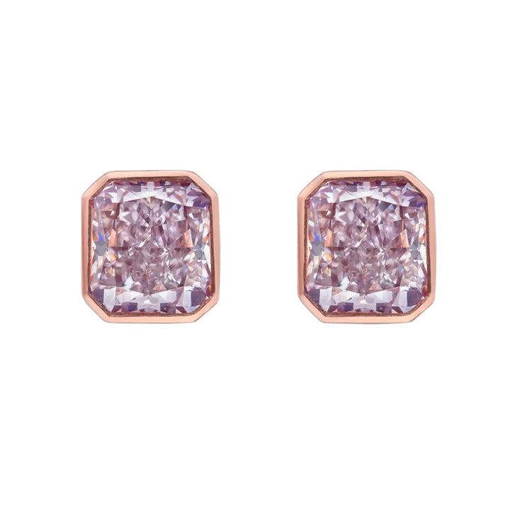 Pink Radiant Diamond Stud Earrings in 14K Rose Gold