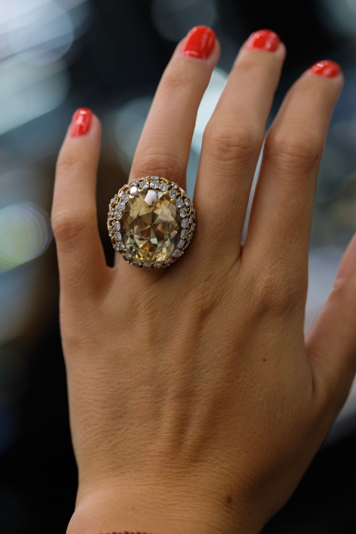 David Webb Platinum & 18K Yellow Gold 5.50 Carat Diamond, Oval Citrine Ring — view 5 — Laura Milman New York