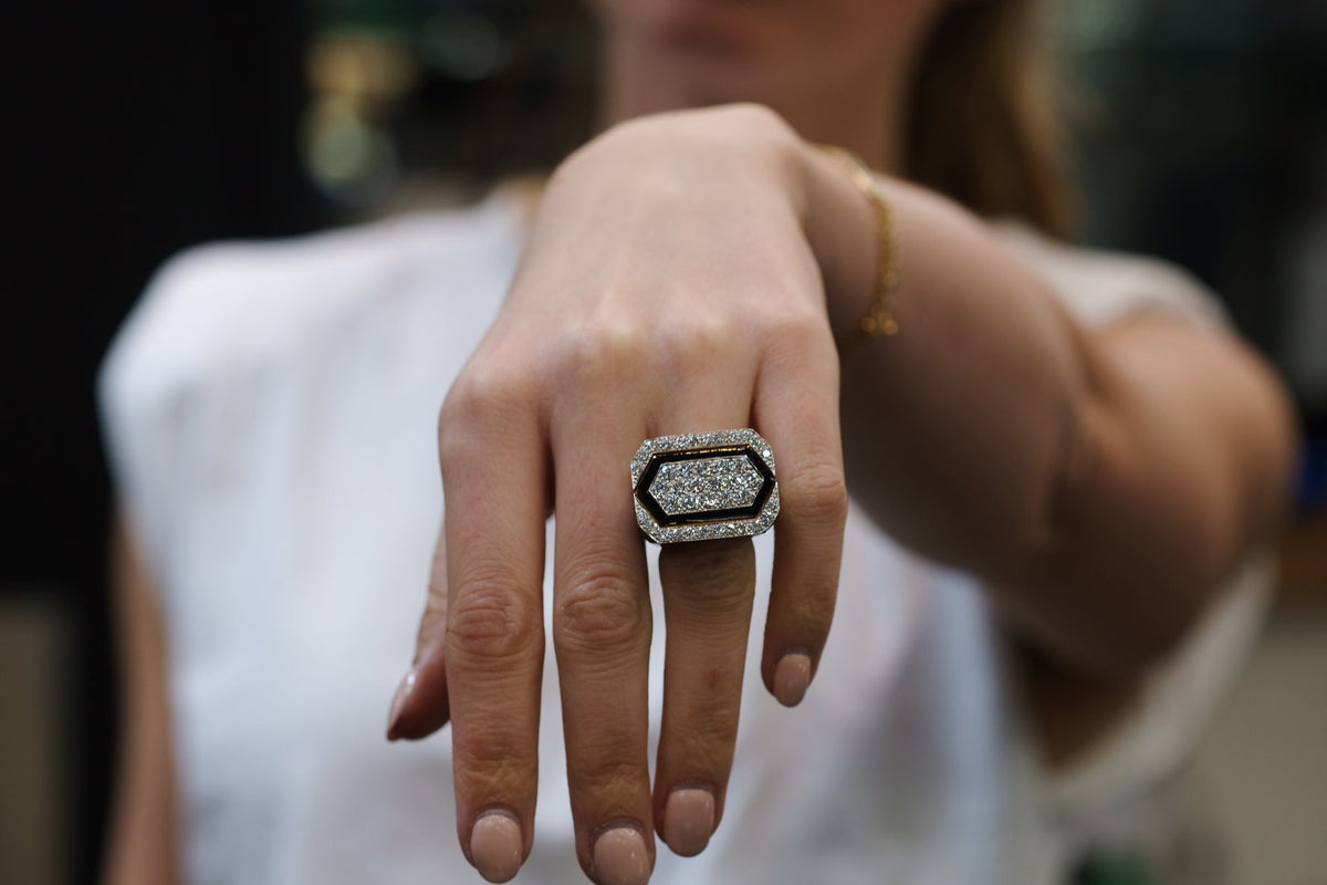 David Webb Platinum & 18K Yellow Gold Black Enamel And Diamond Ring — view 8 — Laura Milman New York