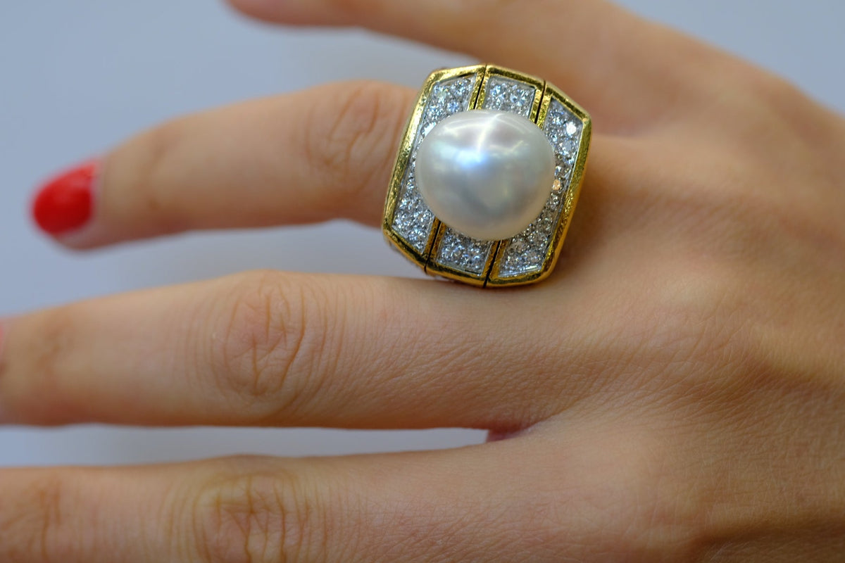 David Webb Platinum & 18K Yellow Gold Pearl And 9.00cttw Diamond Ring — view 7 — Laura Milman New York