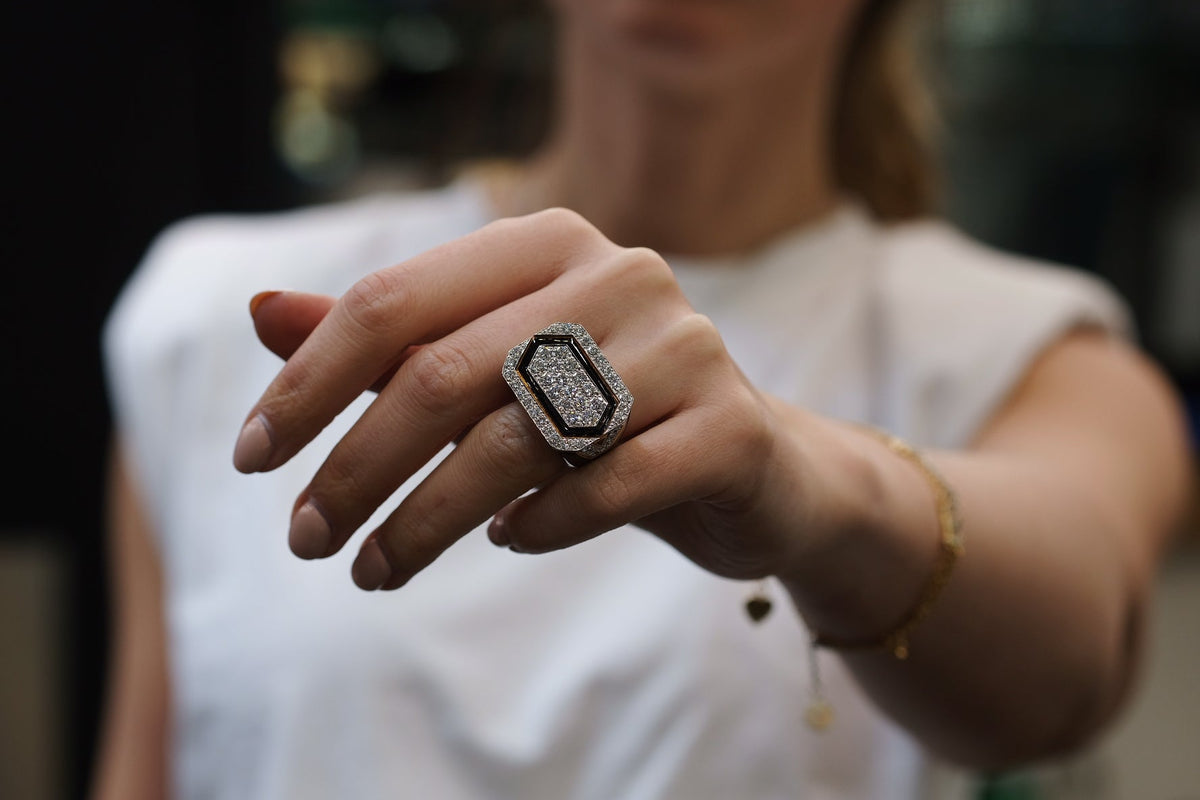 David Webb Platinum & 18K Yellow Gold Black Enamel And Diamond Ring — view 9 — Laura Milman New York