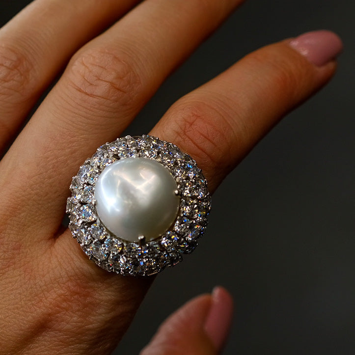 David Webb Platinum Diamond And South Sea Pearl Cocktail Ring — view 5 — Laura Milman New York