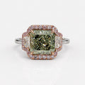 Fancy Green Radiant Diamond Ring in Platinum and 14K Rose Gold view 1