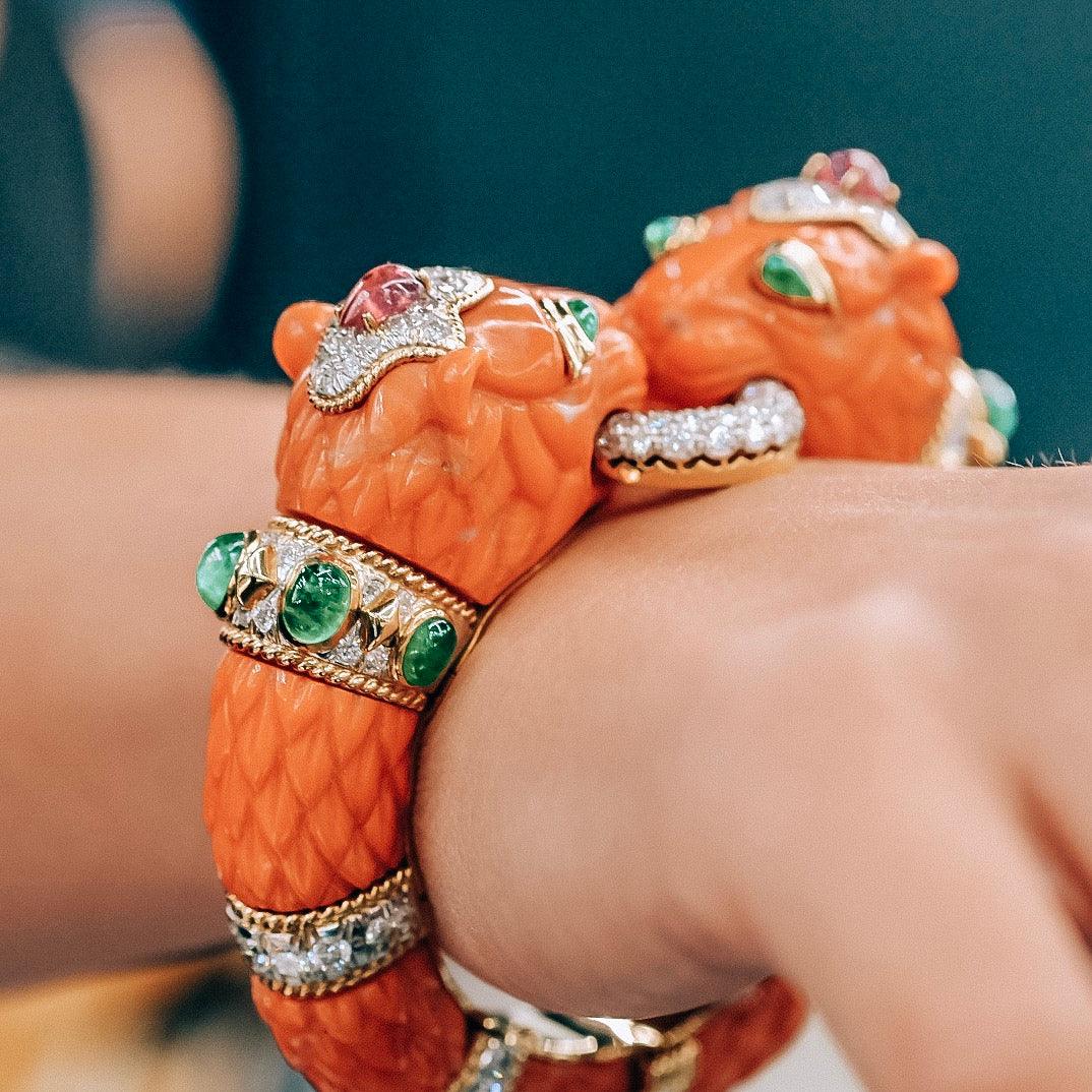 David Webb Platinum & 18K Yellow Gold Carved Coral Bangle Bracelet — view 6 — Laura Milman New York