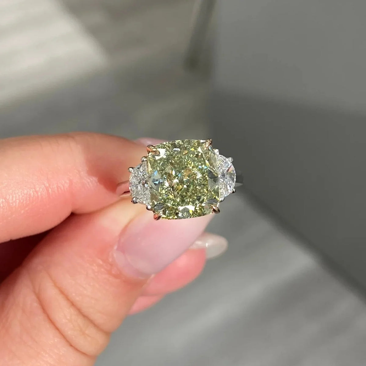 6.08ct Fancy Yellow-Green Cushion Diamond Ring SI1 GIA — view 3 — Laura Milman New York