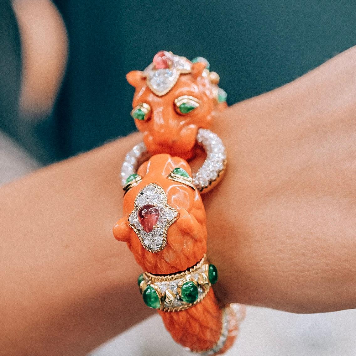 David Webb Platinum & 18K Yellow Gold Carved Coral Bangle Bracelet — view 5 — Laura Milman New York