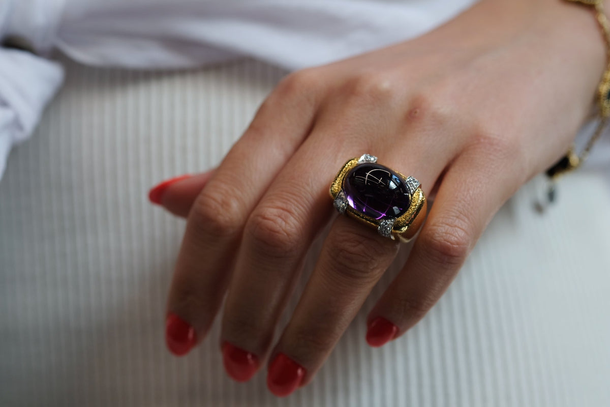 David Webb Platinum & 18K Yellow Gold Cabochon Amethyst And Diamond Cocktail Ring — view 6 — Laura Milman New York