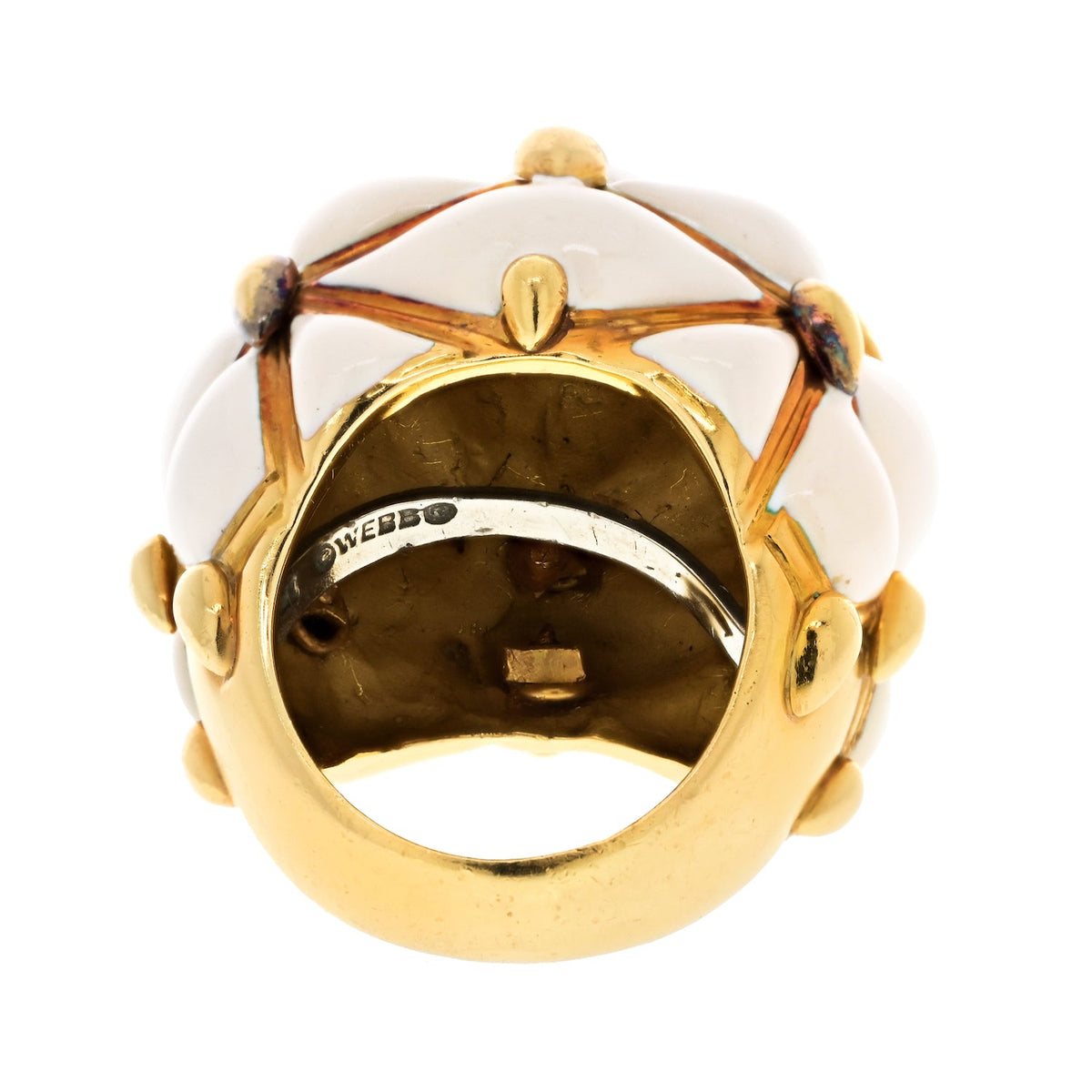 David Webb Platinum & 18K Yellow Gold Dome Off White Enamel Cream Criss Cross Cocktail Ring — view 6 — Laura Milman New York