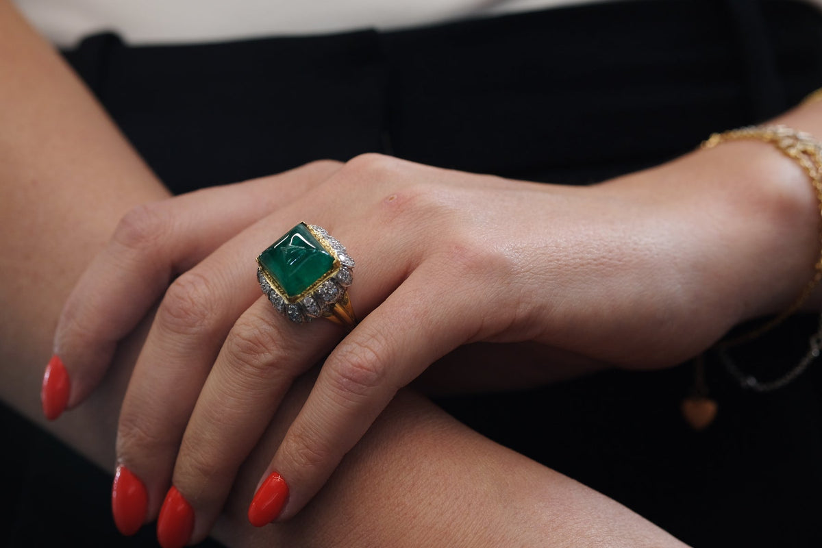 David Webb Platinum & 18K Yellow Gold 1960's Green Emerald Sugarloaf Ring — view 5 — Laura Milman New York