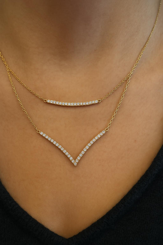18k Yellow Gold .35 TCV Double Strand Graduating V+Bar diamond Necklace