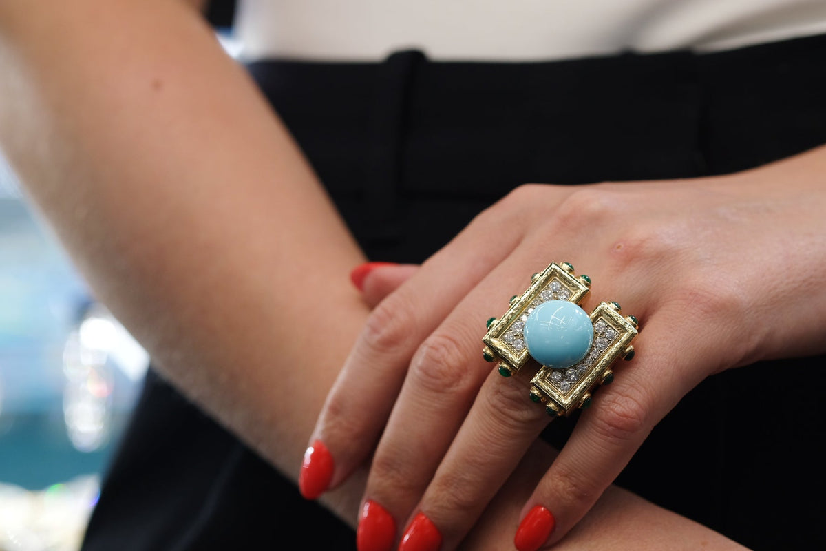 David Webb Platinum & 18K Yellow Gold Turquoise Diamond Emerald Oversized Ring — view 6 — Laura Milman New York