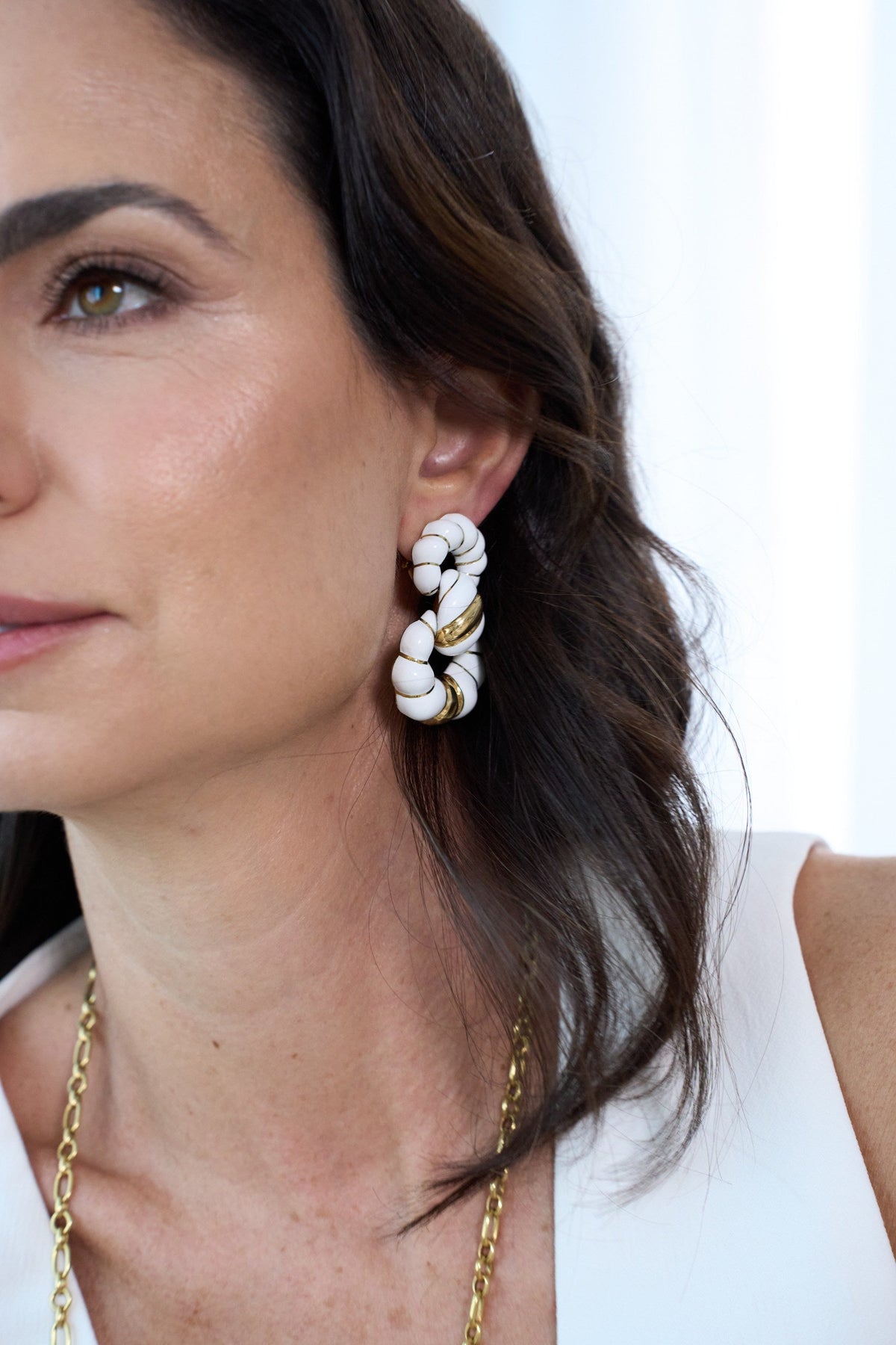 David Webb 18K Yellow Gold White Enamel 1.75 Inches Long Doorknocker Earrings — view 7 — Laura Milman New York