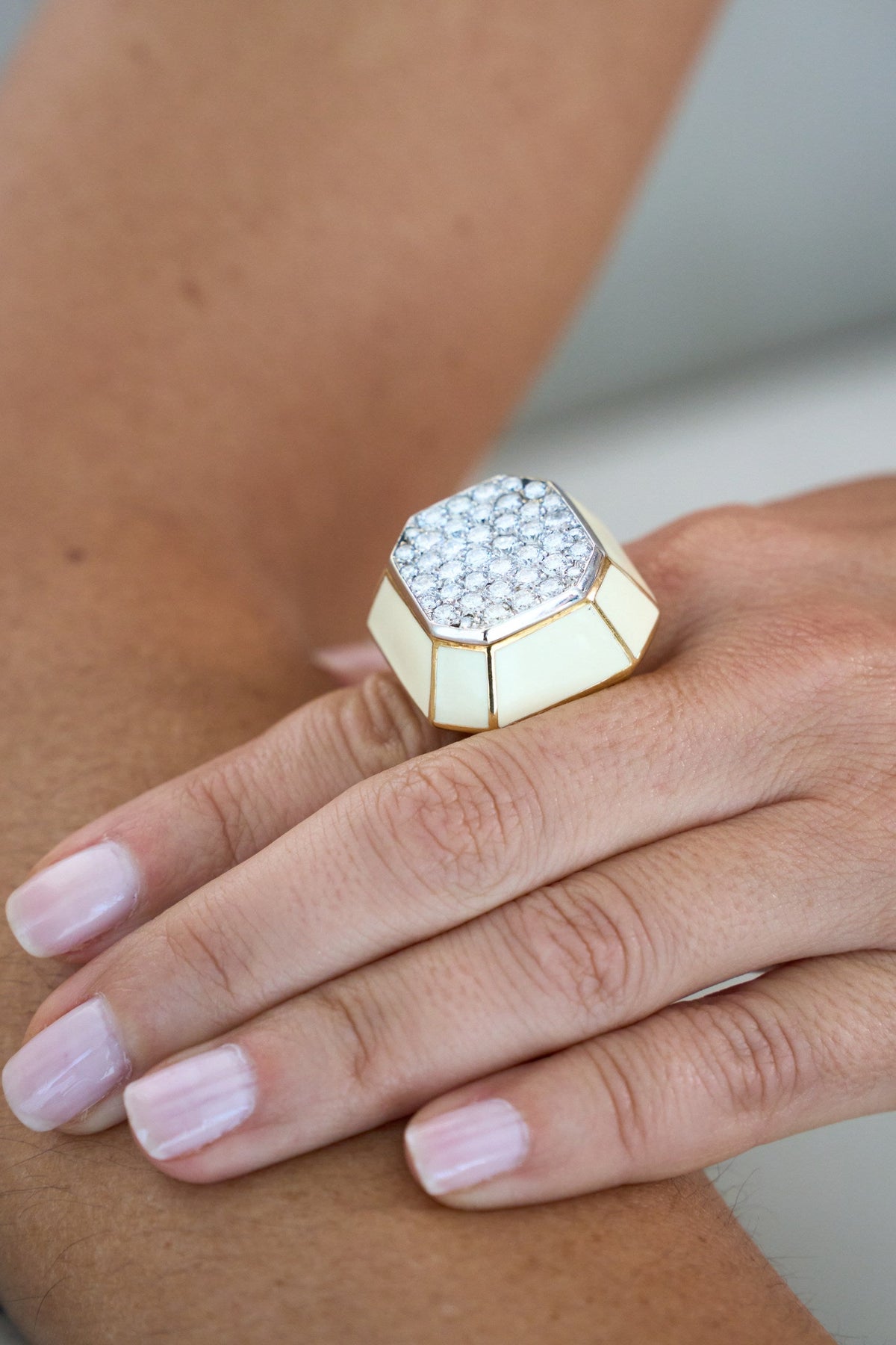 David Webb Platinum & 18K Yellow Gold Diamond Octagon Cluster Cocktail Cream Enamel Ring — view 3 — Laura Milman New York