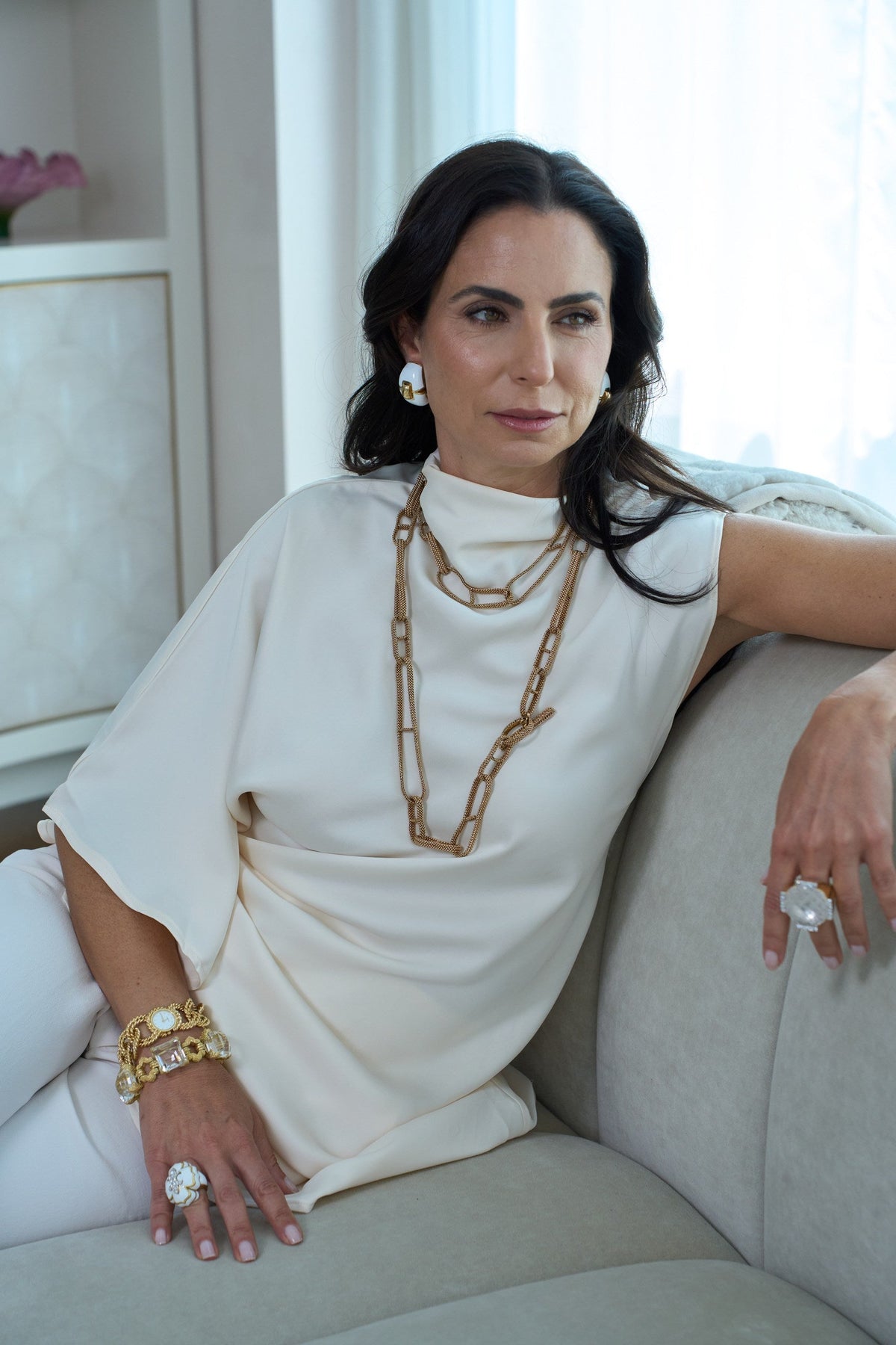 David Webb White Enamel Platinum & 18K Yellow Gold Clip-On Earrings — view 5 — Laura Milman New York