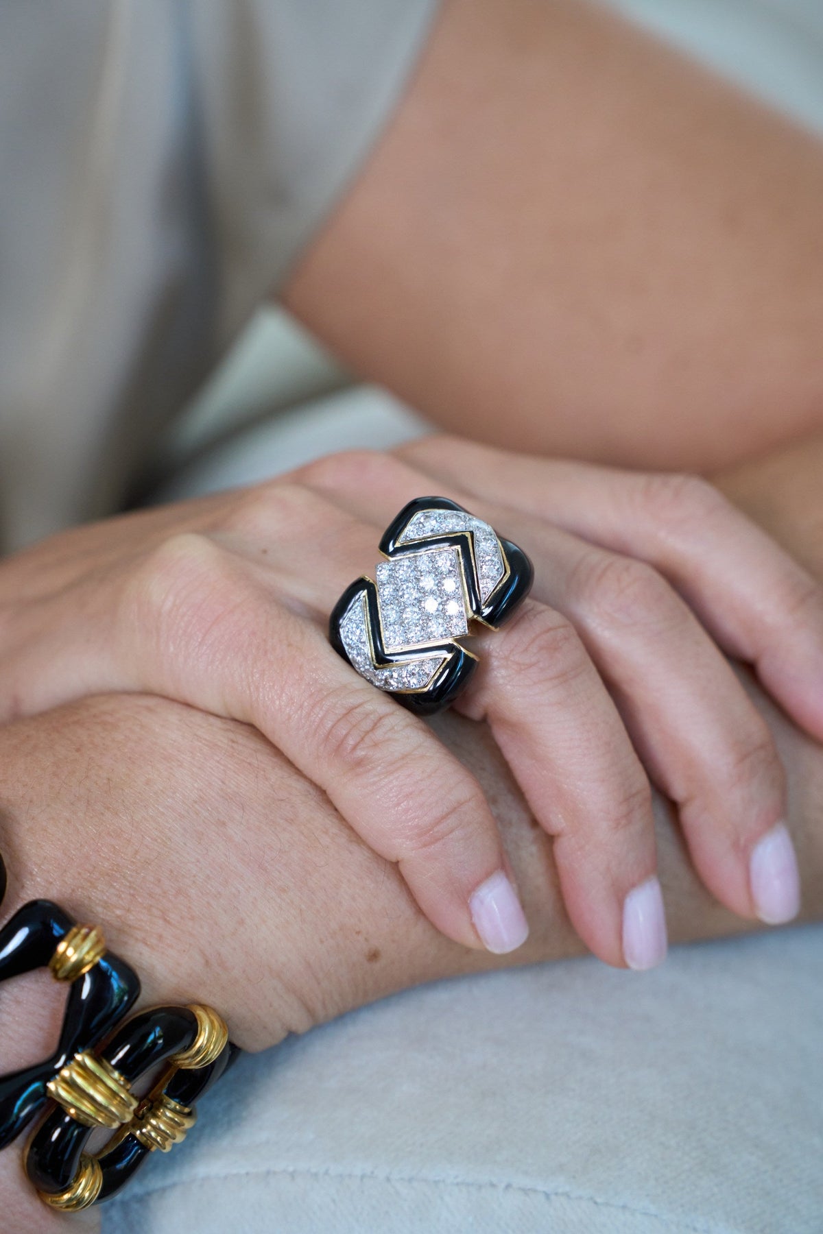 David Webb Platinum & 18K Yellow Gold Black Enamel And Diamond Cocktail Ring — view 2 — Laura Milman New York