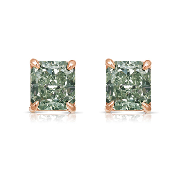 3.52ctw Green Chameleon Radiant Diamond Stud Earrings GIA