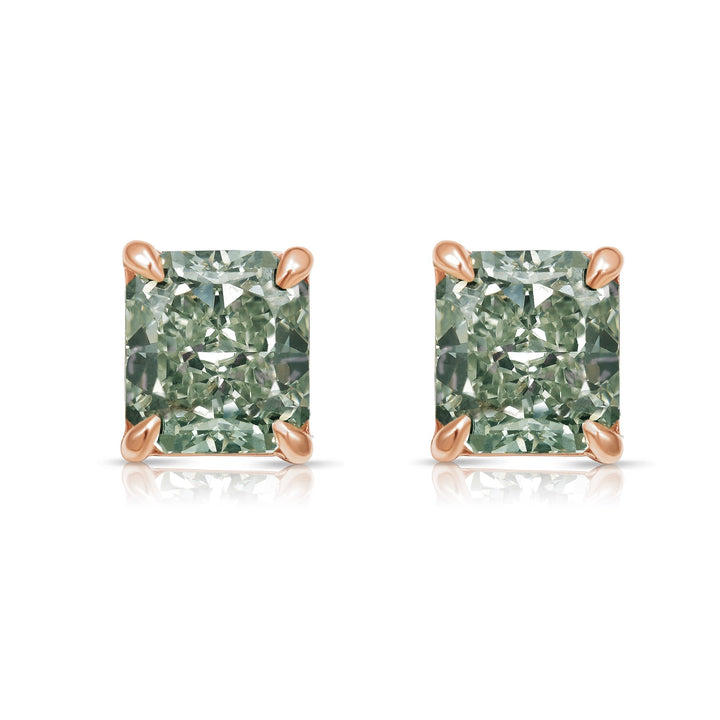 Green Chameleon Radiant Diamond Stud Earrings in 18K Rose Gold