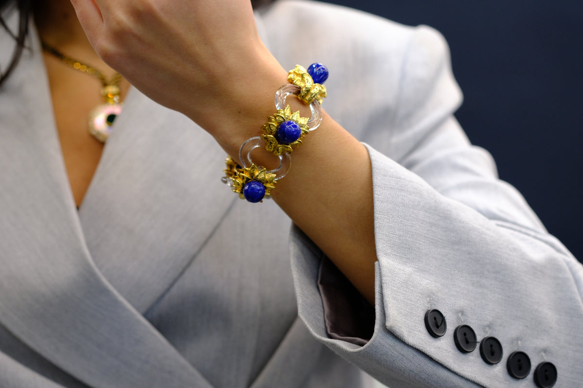 David Webb Platinum & 18K Yellow Gold Rock Crystal Lapis Floral Style Bracelet — view 6 — Laura Milman New York