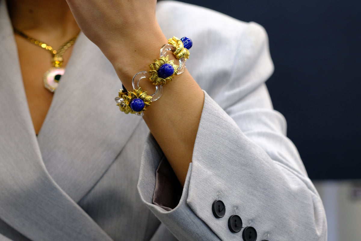 David Webb Platinum & 18K Yellow Gold Rock Crystal Lapis Floral Style Bracelet — view 7 — Laura Milman New York