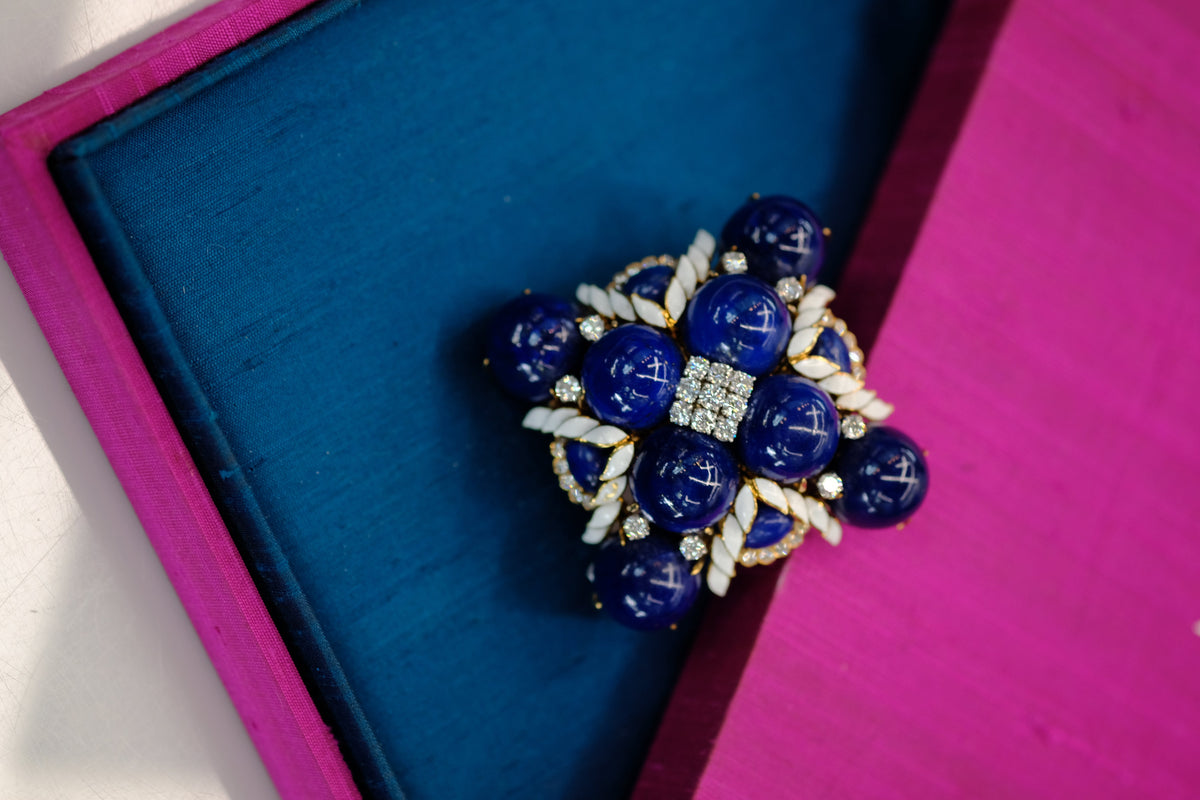 David Webb Platinum & 18K Yellow Gold 1960's Maltese Lapis, Enamel Cross Style Brooch — view 7 — Laura Milman New York