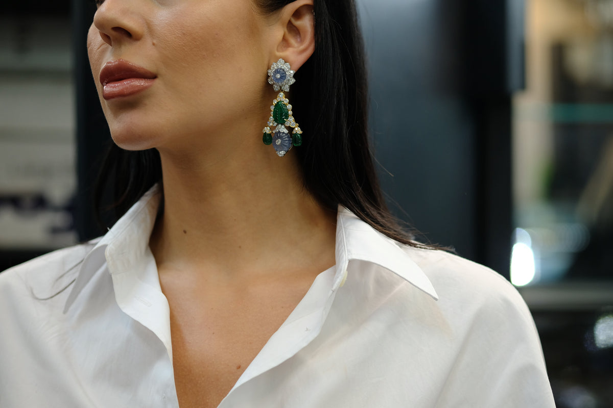 David Webb Girandole Carved Emerald And Diamond Dangle Earrings — view 7 — Laura Milman New York