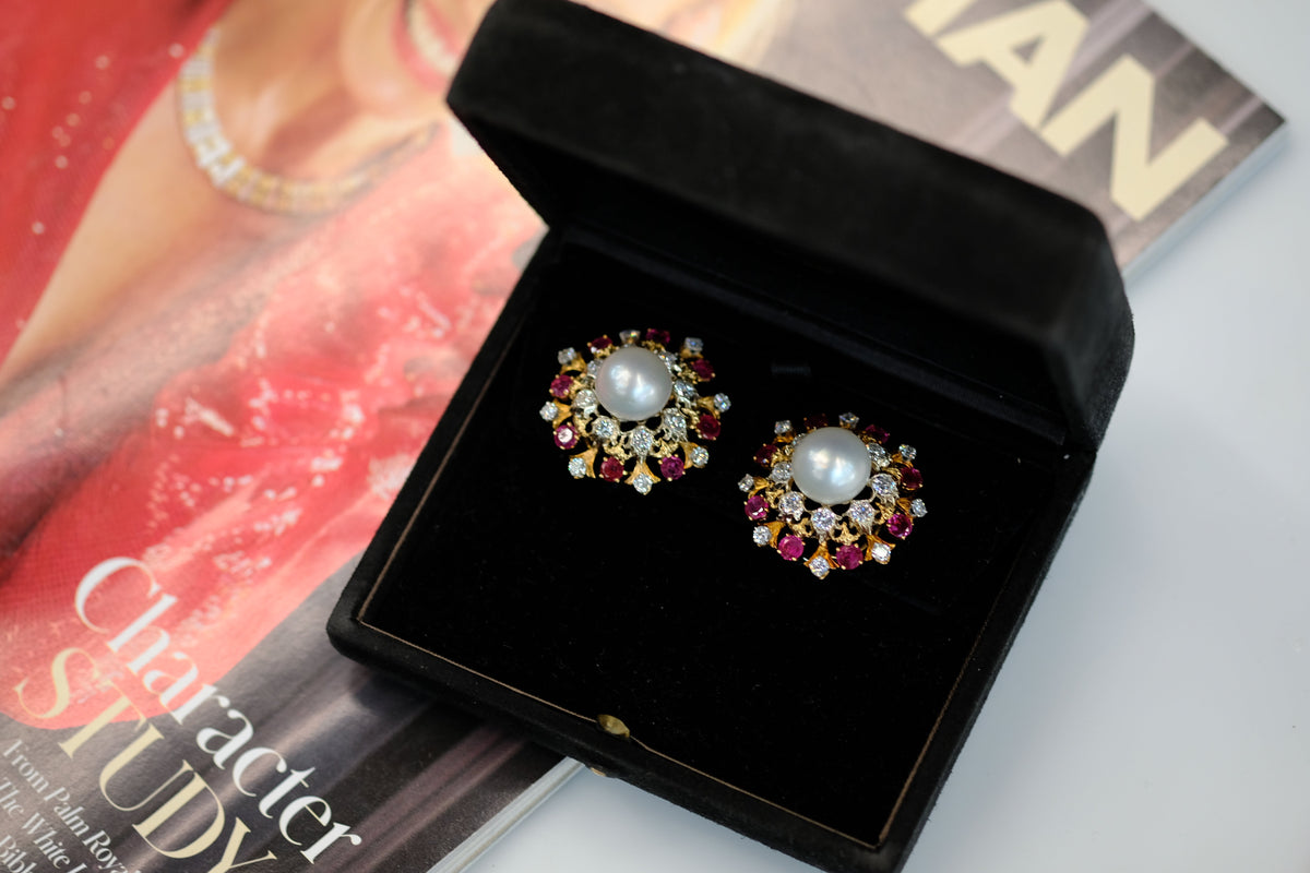David Webb Platinum Pearl, Diamond & Ruby Earrings — view 7 — Laura Milman New York