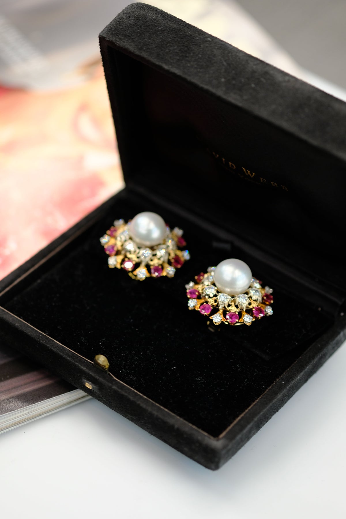 David Webb Platinum Pearl, Diamond & Ruby Earrings — view 8 — Laura Milman New York