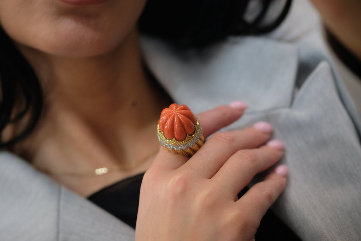 David Webb Platinum & 18K Yellow Gold Carved Coral Diamond Rim Ring — view 7 — Laura Milman New York
