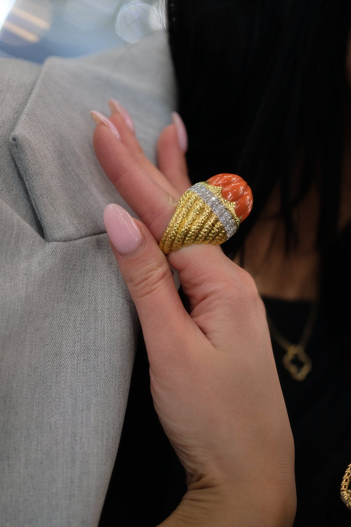David Webb Platinum & 18K Yellow Gold Carved Coral Diamond Rim Ring — view 5 — Laura Milman New York