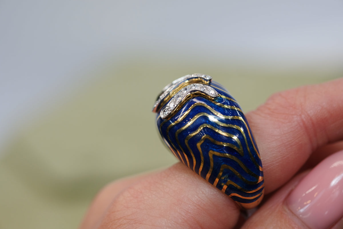 David Webb Platinum & 18K Yellow Gold Blue Enamel Bombe Diamond Ring — view 6 — Laura Milman New York