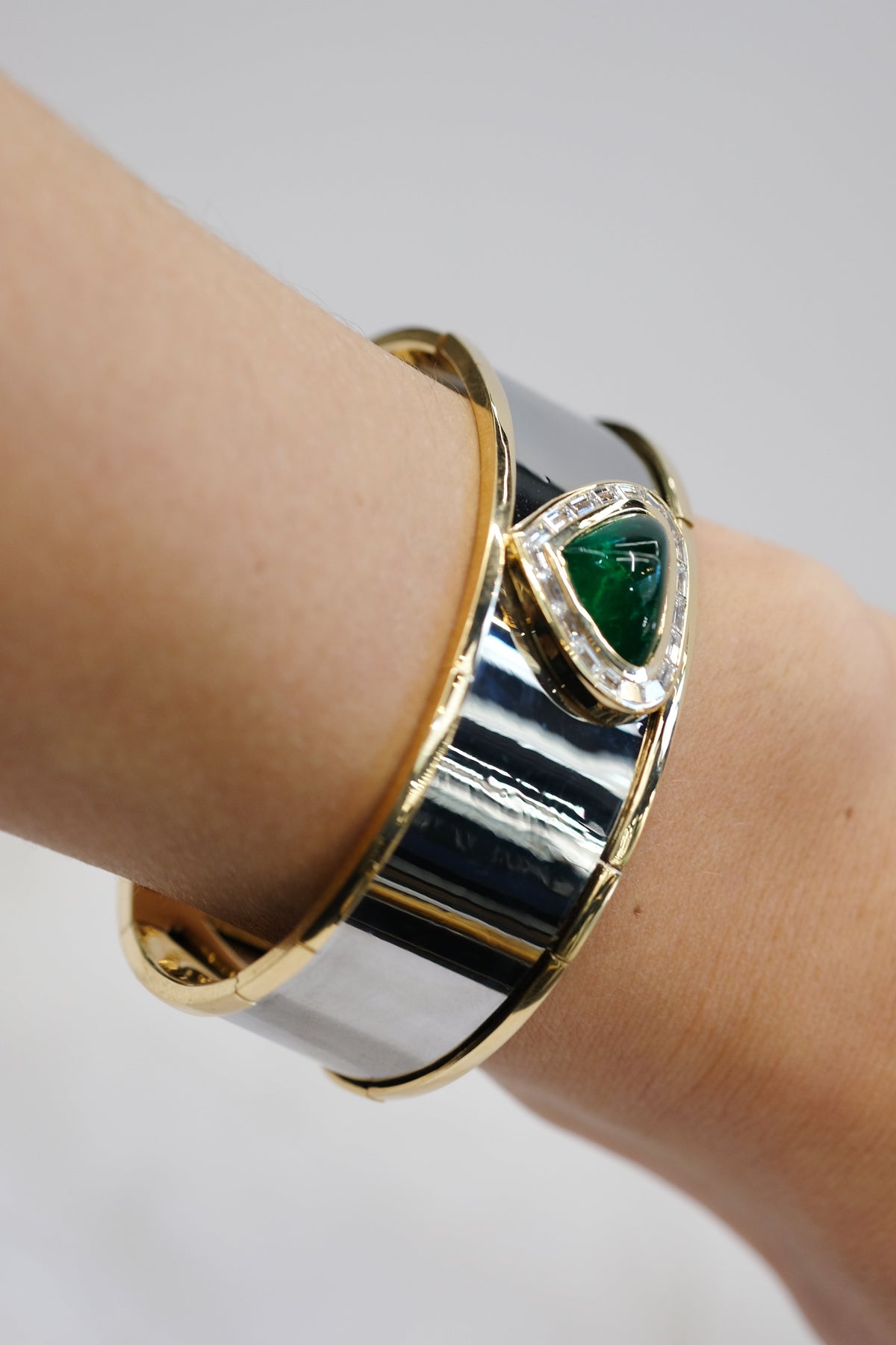 Marina B . 18K Yellow Gold Green Emerald And Diamond Cuff Bracelet — view 8 — Laura Milman New York