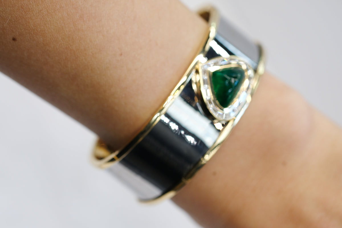 Marina B . 18K Yellow Gold Green Emerald And Diamond Cuff Bracelet — view 7 — Laura Milman New York