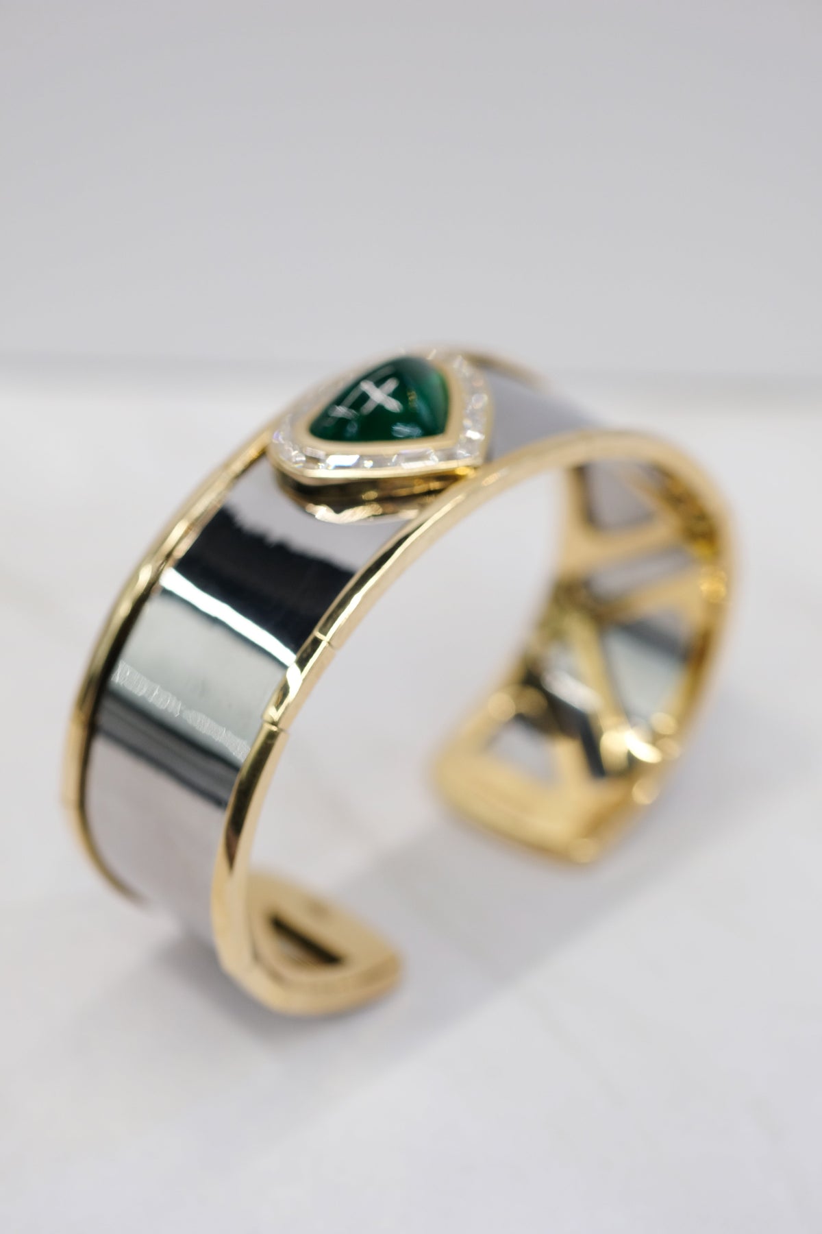 Marina B . 18K Yellow Gold Green Emerald And Diamond Cuff Bracelet — view 6 — Laura Milman New York