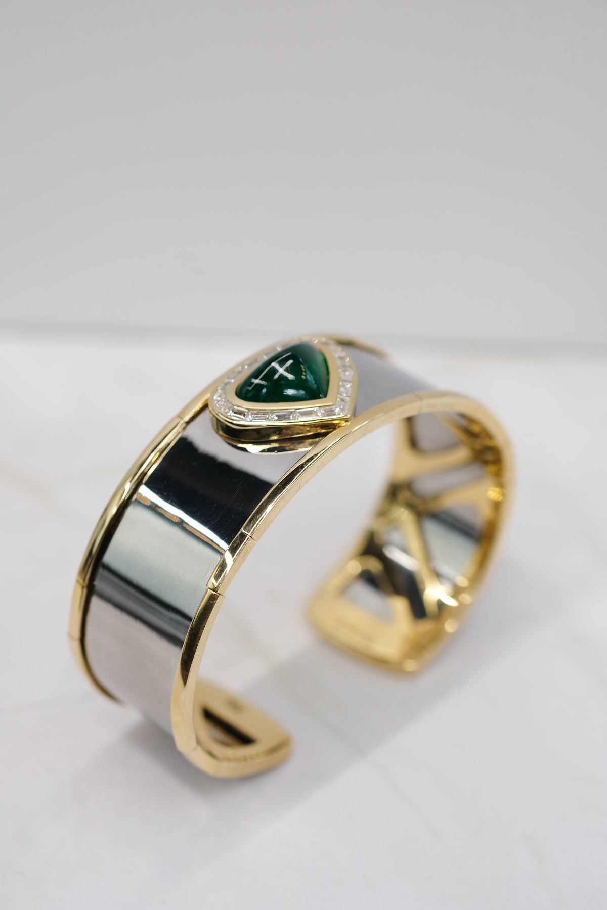 Marina B . 18K Yellow Gold Green Emerald And Diamond Cuff Bracelet — view 5 — Laura Milman New York