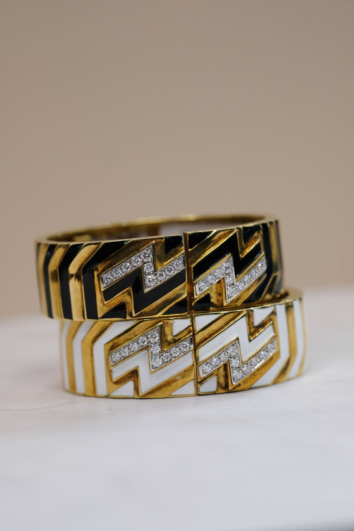 David Webb Platinum & 18K Yellow Gold Zig Zag Diamond Motif White Enamel Bangle Bracelet — view 7 — Laura Milman New York