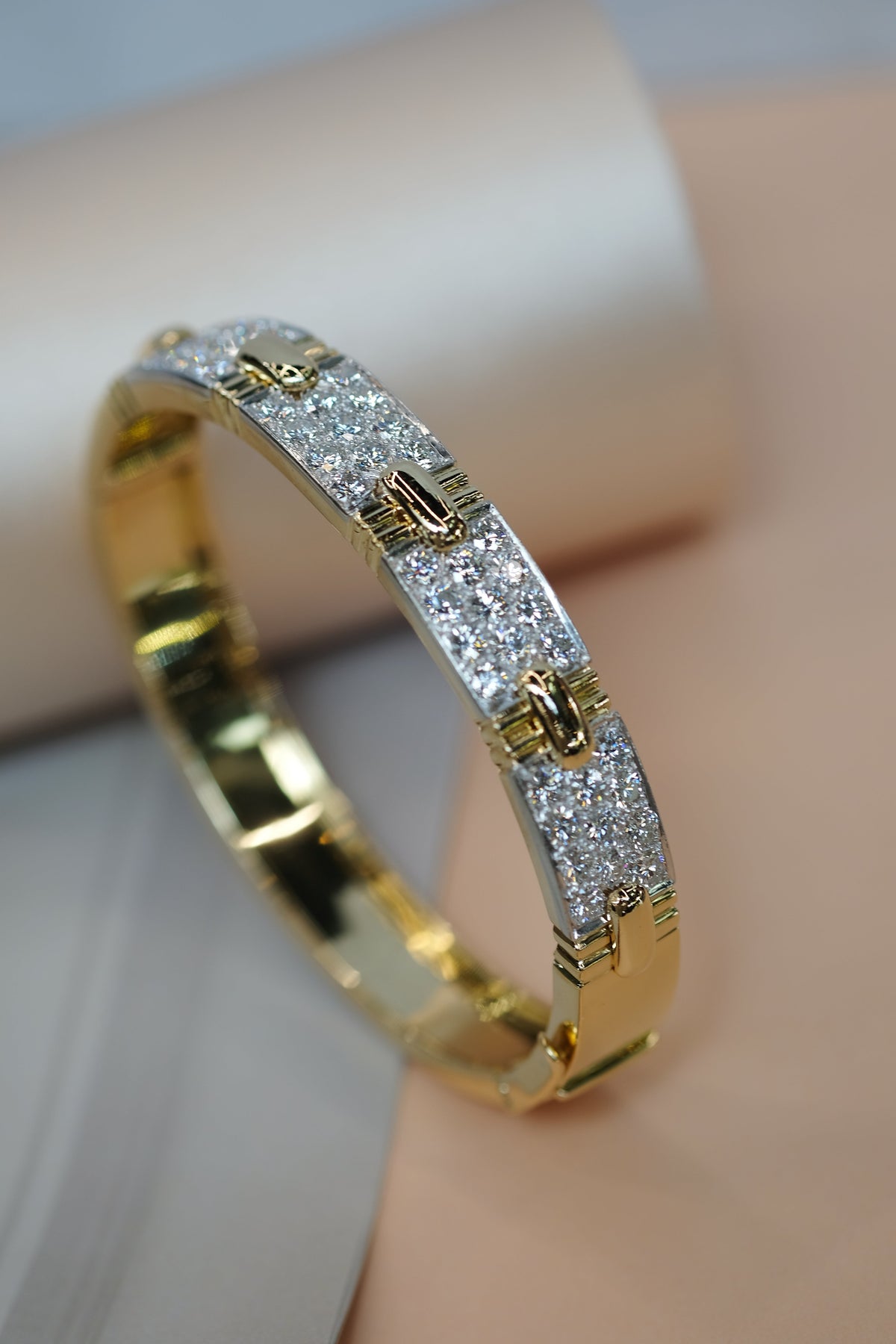 David Webb Platinum & 18K Yellow Gold Stitch Round Diamond Bangle Bracelet — view 6 — Laura Milman New York