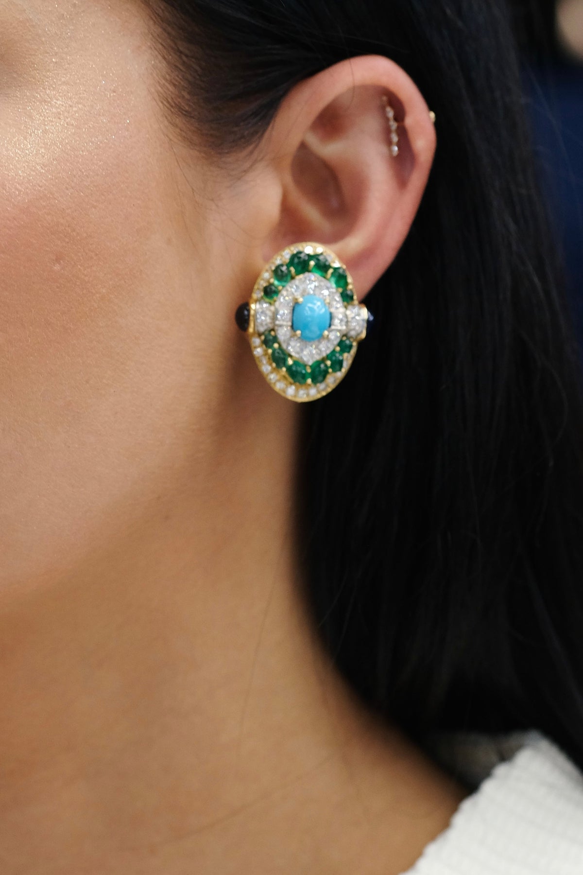 David Webb Platinum & 18K Yellow Gold Turquoise Emerald And Diamond Clip Earrings — view 5 — Laura Milman New York