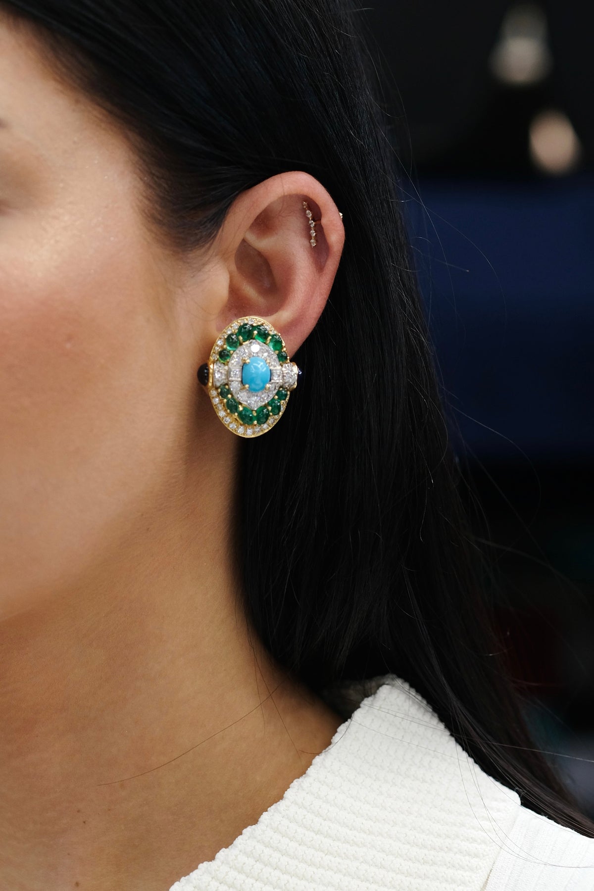 David Webb Platinum & 18K Yellow Gold Turquoise Emerald And Diamond Clip Earrings — view 6 — Laura Milman New York