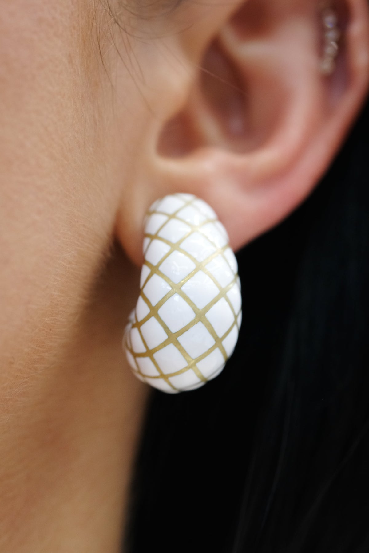 David Webb White Enamel Platinum & 18K Yellow Gold Bombe Gold Checkerboard Clip-On Earrings — view 3 — Laura Milman New York